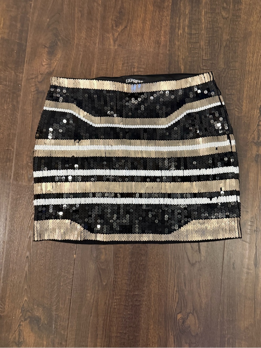 Express Black Mini Skirt with Gold and Silver Sequin Stripes